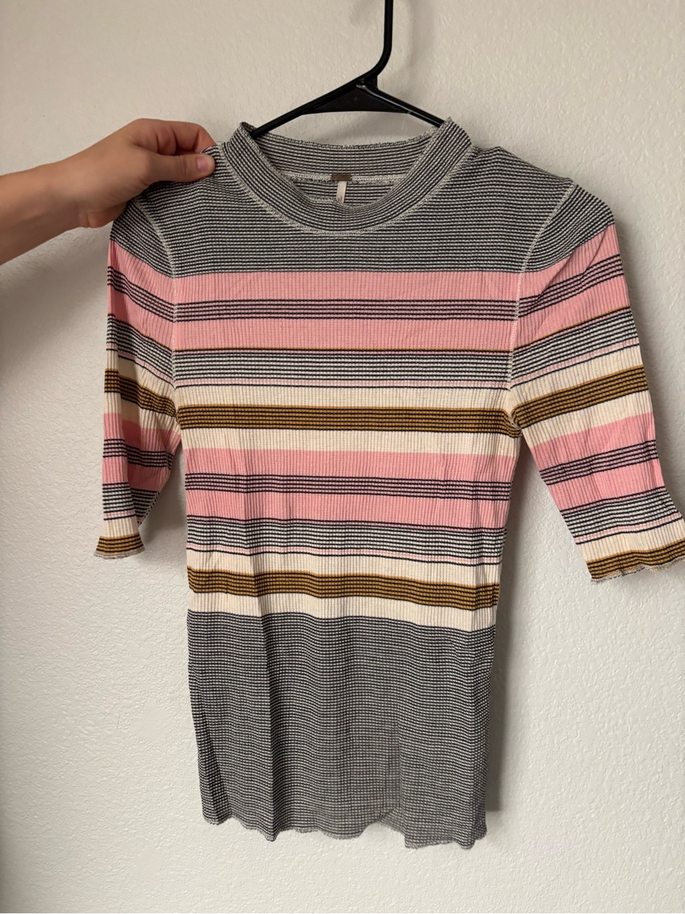 Free People Striped Ribbed Short Sleeve Top in Pink, Gray & Brown